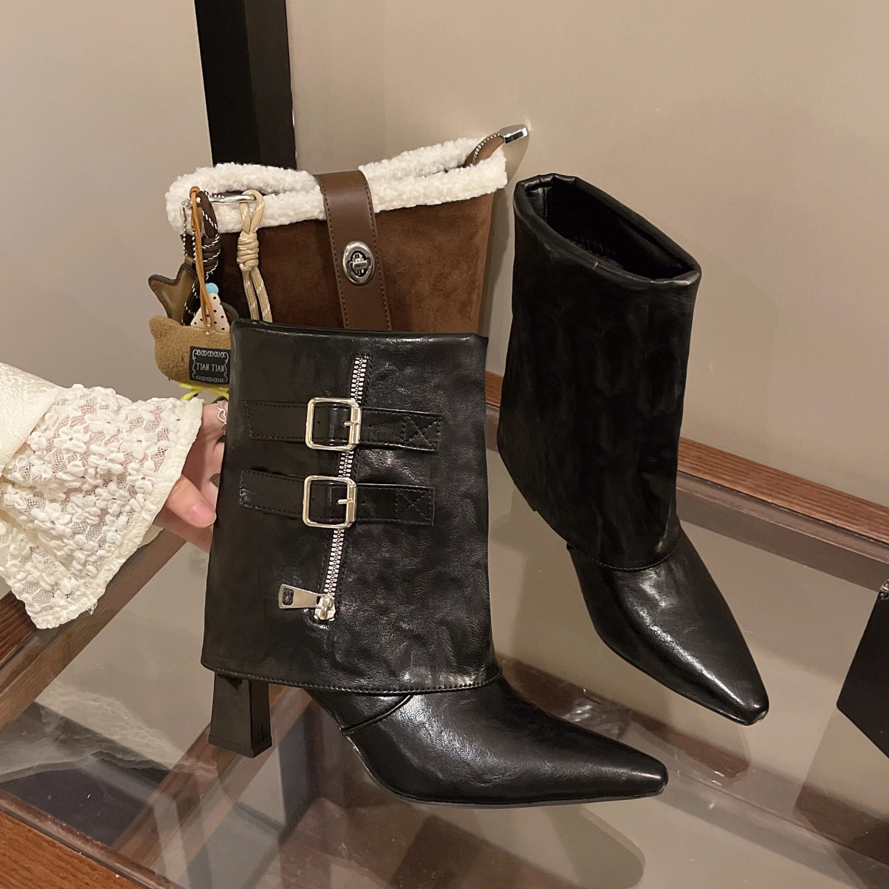 Fashionable Boots, Pointed Toe, Chunky Heel, Pants Boots for Women, Western Boots with Zipper and Buckle, Riding Boots
