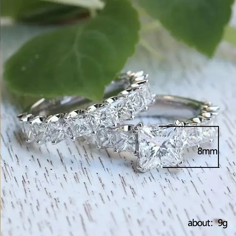 Huitan Princess Cut Square CZ Promise Rings 2Pcs/Set for Women Fashion Luxury Wedding Accessories High-Quality Female Jewelry