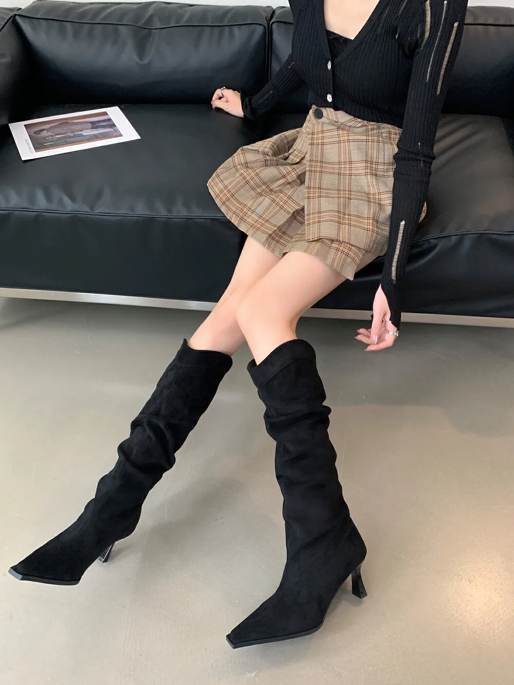 Pointed Toe Women Knee High Boots Pointed Toe Black Brown Beige Chelsea Botas Knight Bootie Winter Dress Shoes Woman Size 35-39