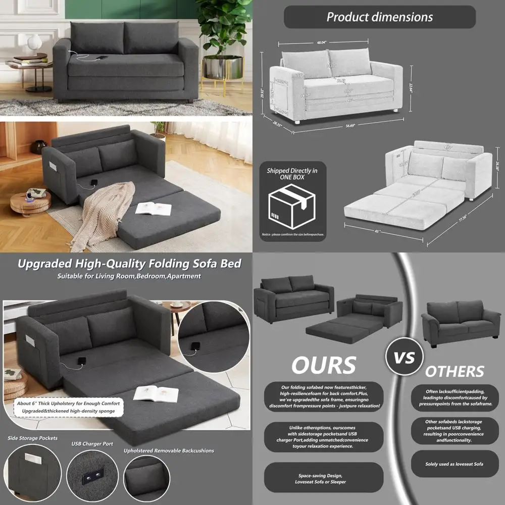 

Удобный льняной диван-кровать с карманами для хранения и USB-портом для зарядки — раскладной диван-кровать для гостиной, спальни или квартиры