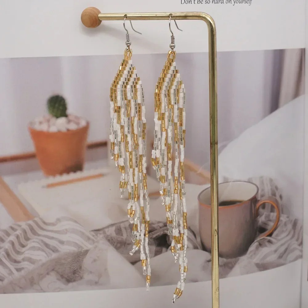 2025 Handmade Bead Earrings Hand Knitting Bohemia Fashion Personality Trapezoid Geometry Fringe Earrings for Women