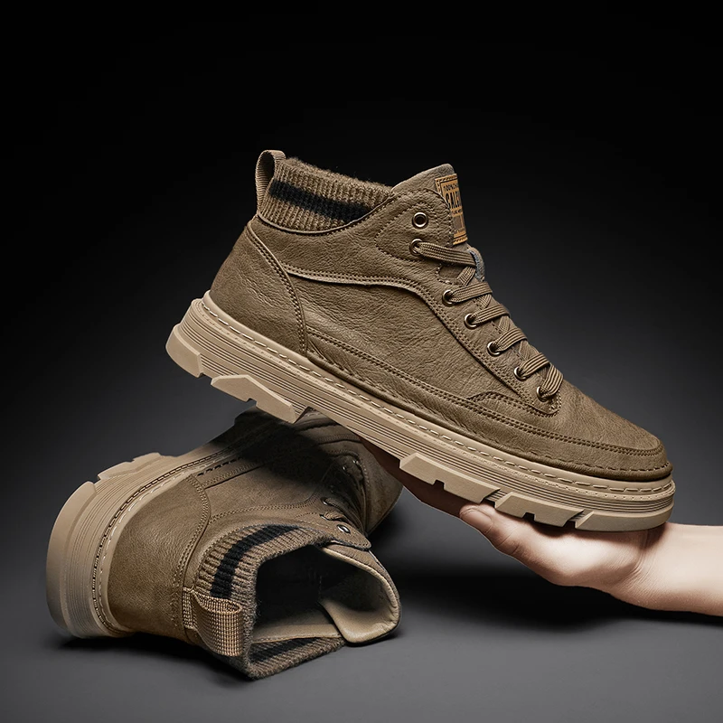 

2025 autumn and winter new leather men's boots outdoor men's work boots and ankle boots thick soled fashionable high top shoes