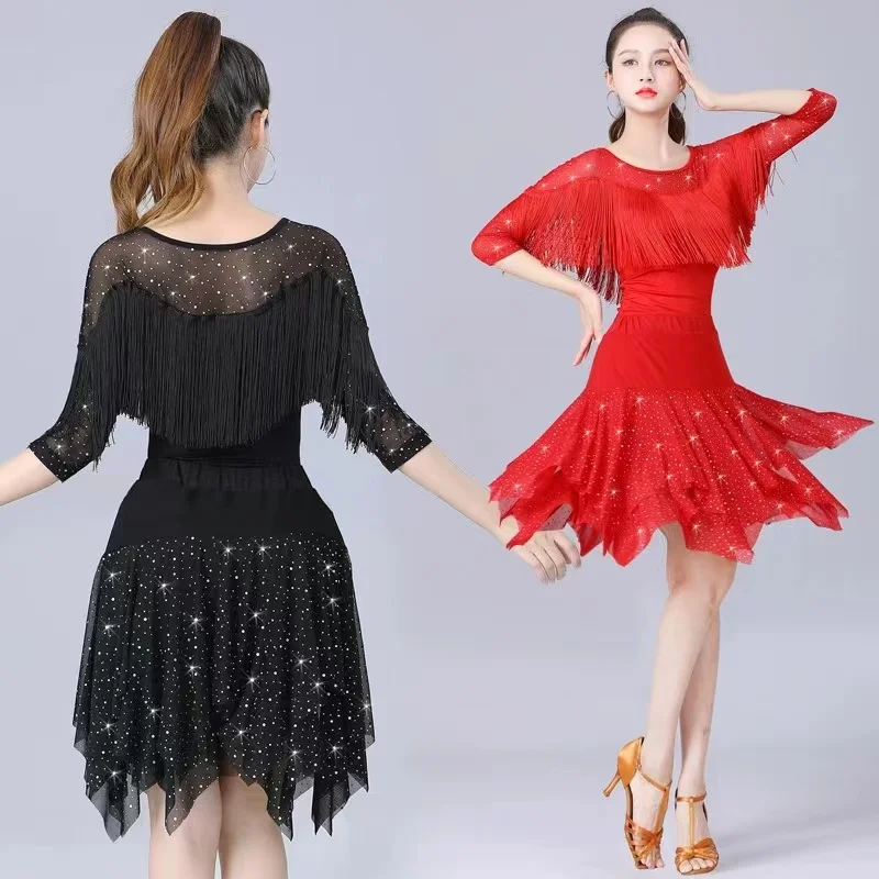 Elegant Mesh Mid-Long Latin Dance Skirt For Women New Style Comfory Soft Ballroom Dance Waltz Dancewear Top and Skirt