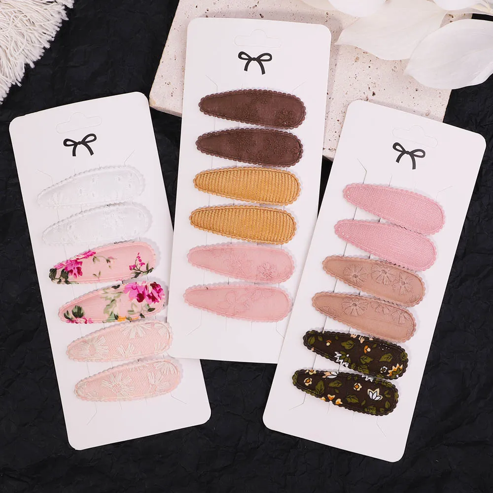 6Pcs/Set Sweet Embroidered Hair Clips For Kids Girls Waterdrop Shape Hairpins Print BB Clips Barrettes Headwear Hair Accessories