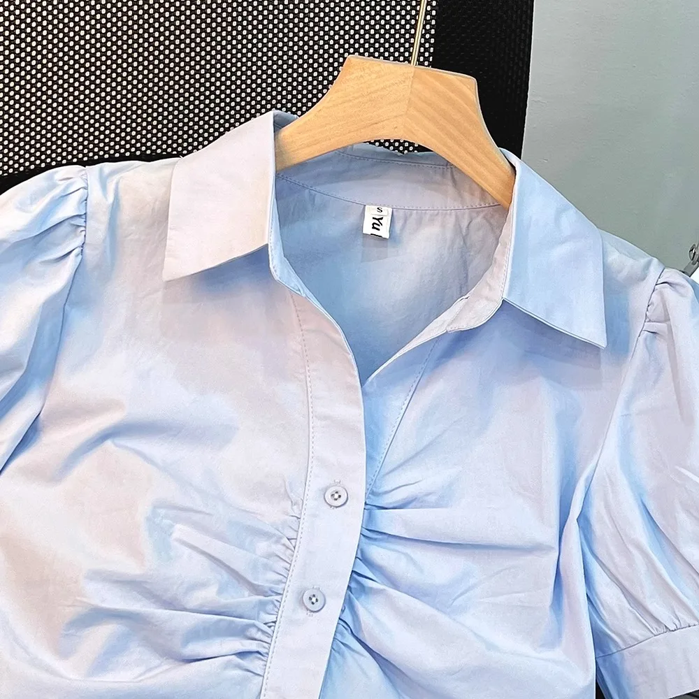 Damska bluzka typu bubble, letnia, nowa, młodzieżowy design, wersja koreańska, dopasowany krój, włókno poliestrowe.