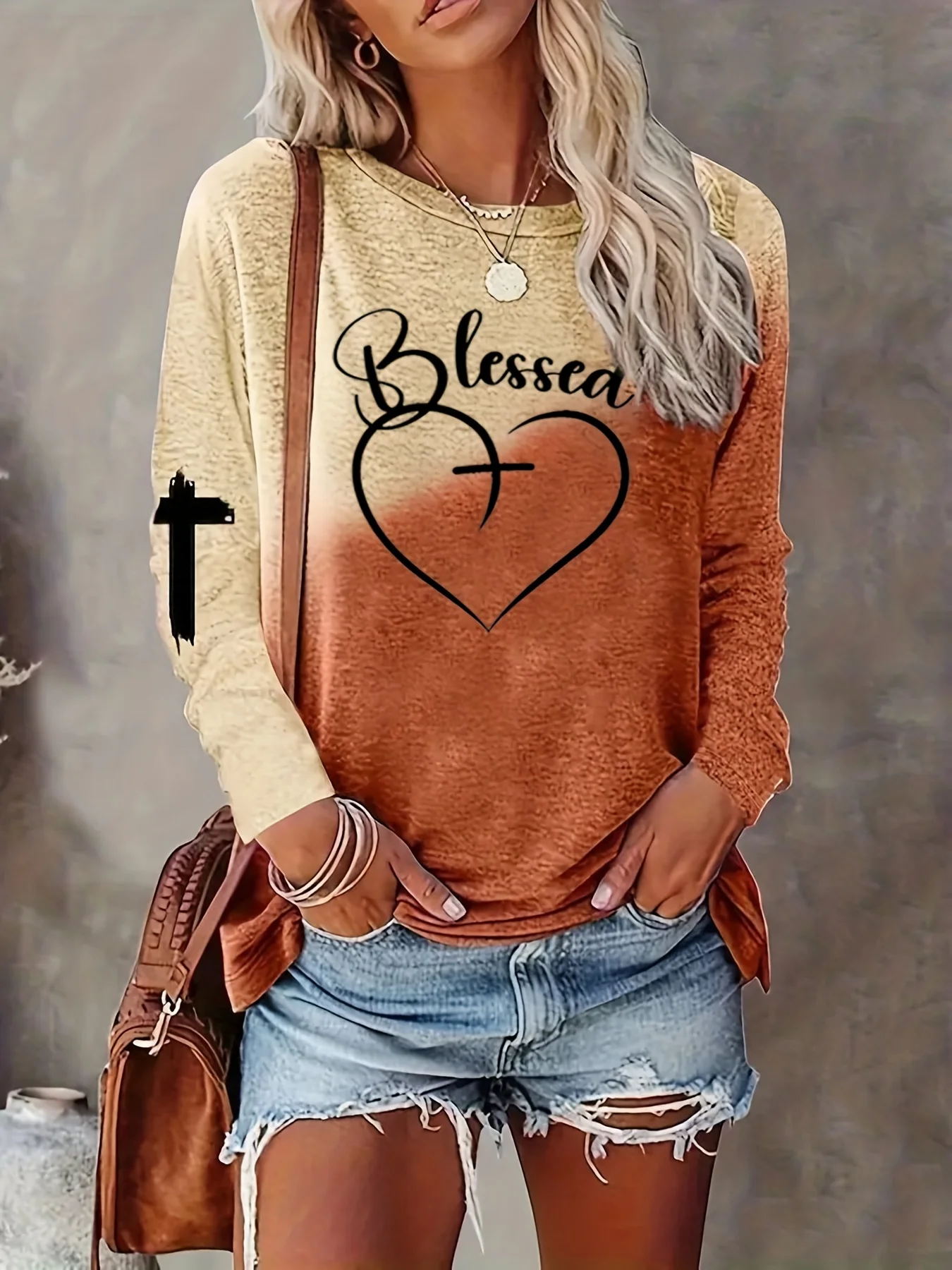 2024 New Heart & Letter Print Women\'s T-shirt Graphic Shirts Long Sleeve Blouse Crop Top Plus Size Women\'s Clothing Female