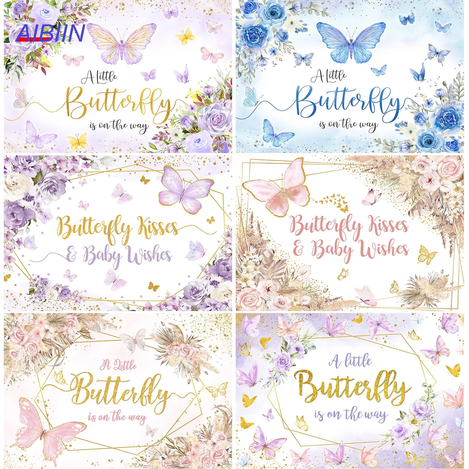 

AIBIIN Butterfly Kisses and Baby Wishes Backdrop Boho Flower Photography Background Pink Purple Blue Baby Shower Party Decor