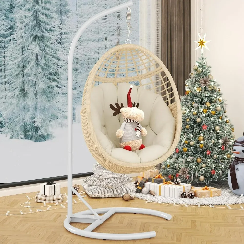 Hanging Egg Chair with Stand, 330lbs Capacity Patio Wicker Egg Swing Chair with UV Resistant Cushion for Bedroom Garden Indoor