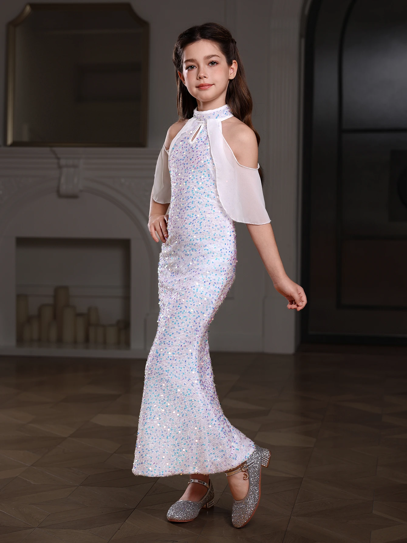 Girls Sequins Maxi Gown, Stand Collar Off Shoulder Evening Party Occasions Fishtail Dress Gorgeous Performance Prom Dresses