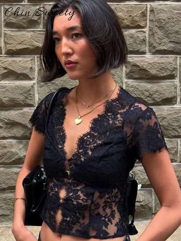 Sexy Women's Corset Lace See Through Top Slim Short Sleeve Deep-V Single Breasted Vest 2026 Spring Summer Lady All-match Tops