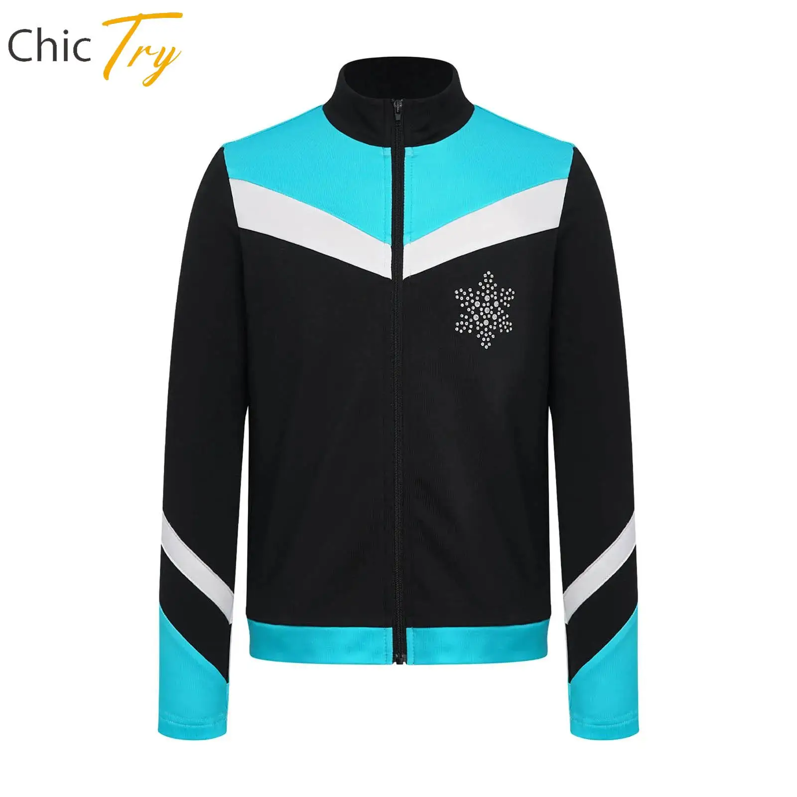 Costume d'entraînement de patinage artistique pour enfants garçons, doublure polaire à manches longues, strass brillants, flocon de neige, veste bloc de couleur, vêtements de danse