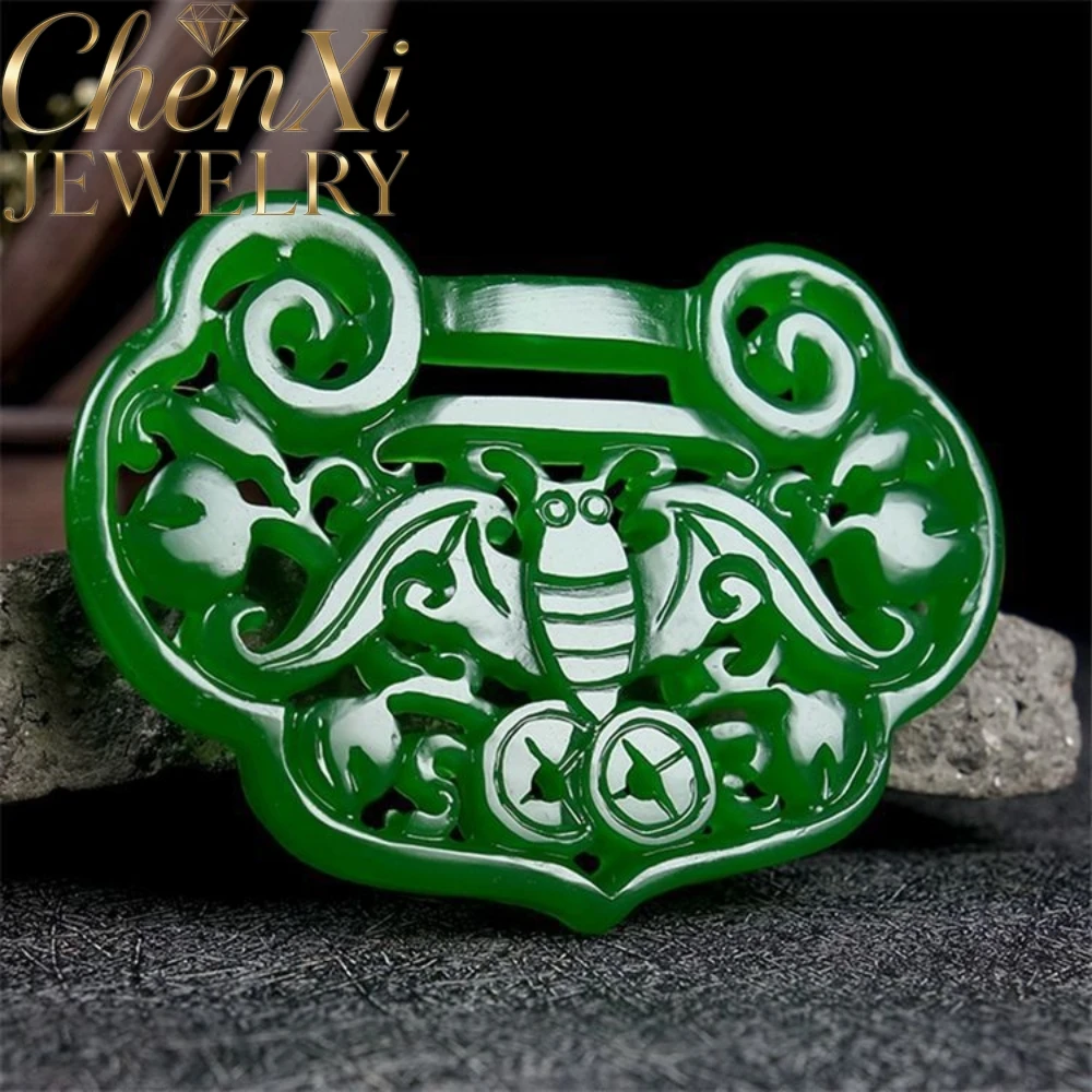 Natural Hetian Jade Double-Sided Hollow Bat Longevity Lock Pendant Blessing Accessory Best Fine Jewelry Gift For Daily Matching