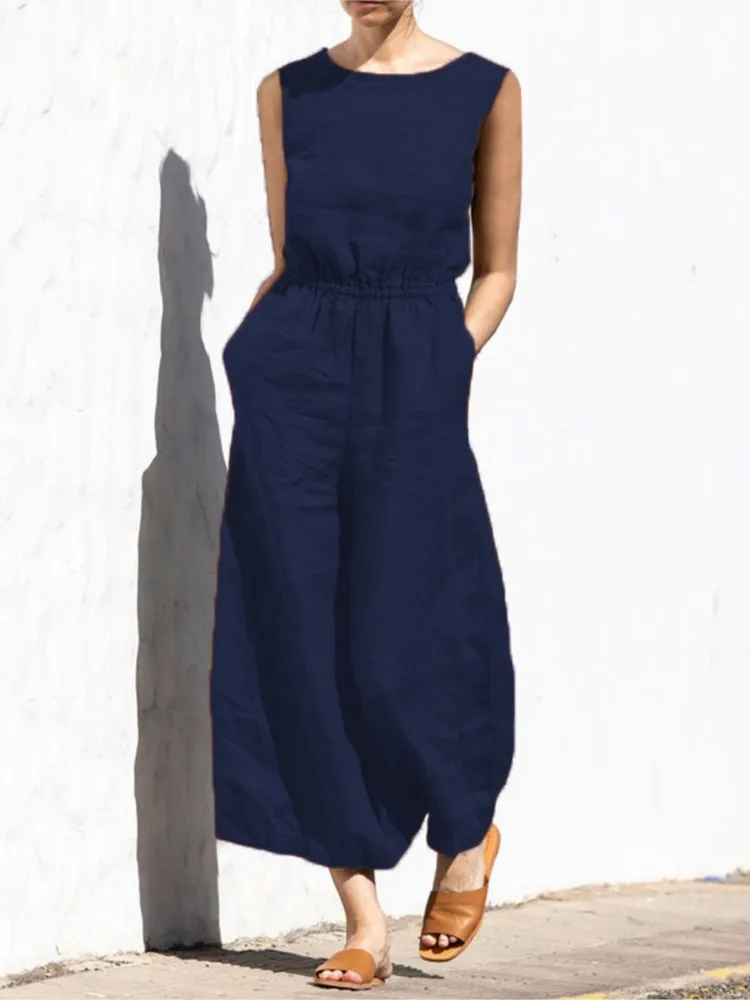 Fashion Buttoned Women Wide Leg Pant Jumpsuit Summer Solid Round Neck Sleeveless Pocket Playsuit Ladies Loose One-Piece Pants