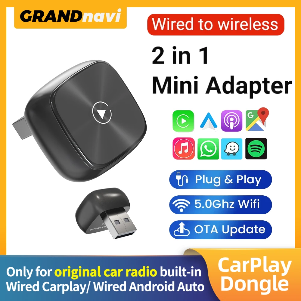 Беспроводной адаптер Android Auto 2025 2 в 1, проводный к беспроводному Carplay Smart Bluetooth Dongle Plug and Play для GMC Audi Porsche MG