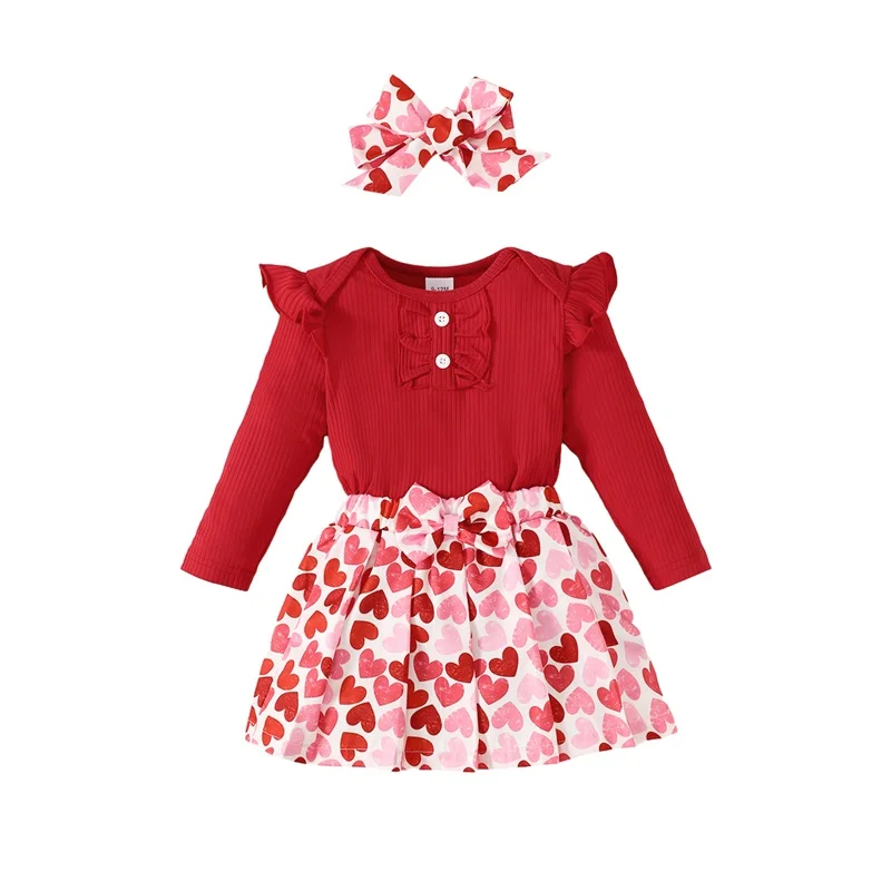 

Newborn Baby Girl Valentines Day Outfit Ruffle Sleeve Romper Bodysuit Tutu Skirt Headband 3pcs Clothes Set