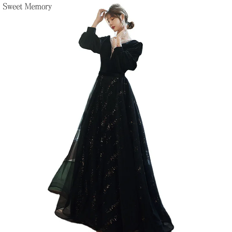 

N11135 Girls Women Velour Velvet Banquet Evening Dress Long Sleeve Clothes Sweet Memory A-Line Floor Length Prom Dresses