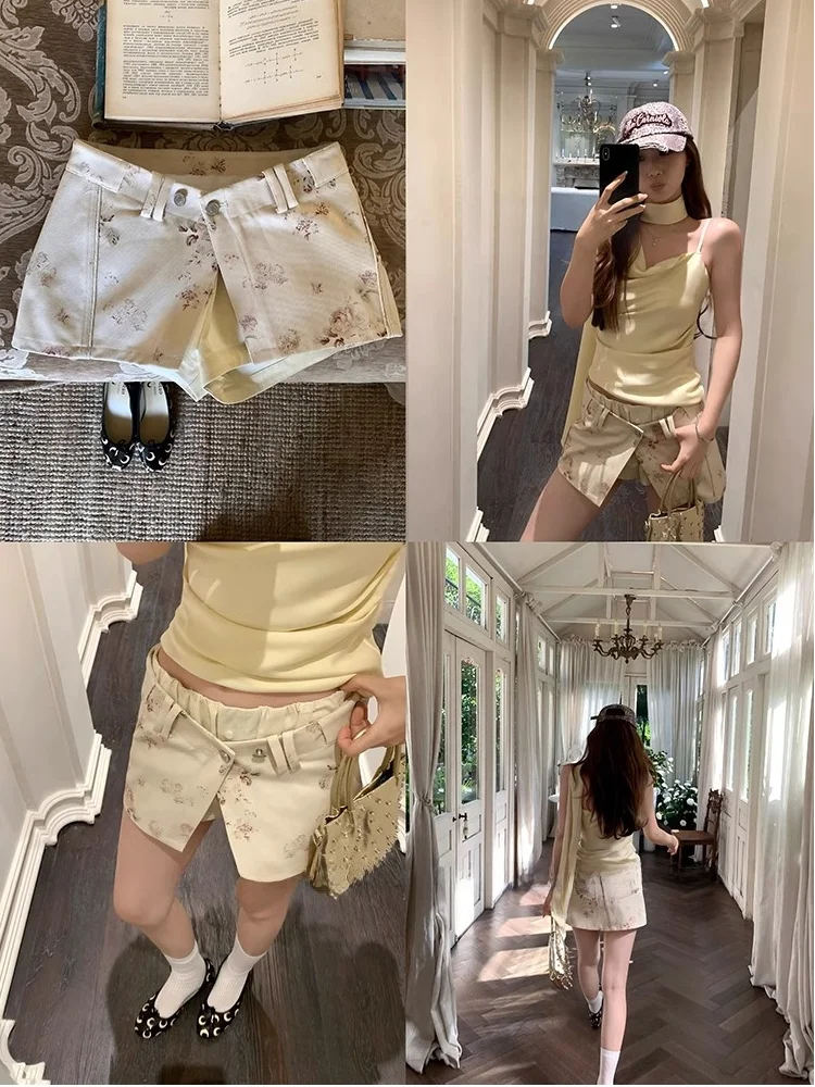 

High Waist A-Line Skirt Floral Print Asymmetrical Design Summer New Arrival Ele Women's Clothing Korean Sle Commute