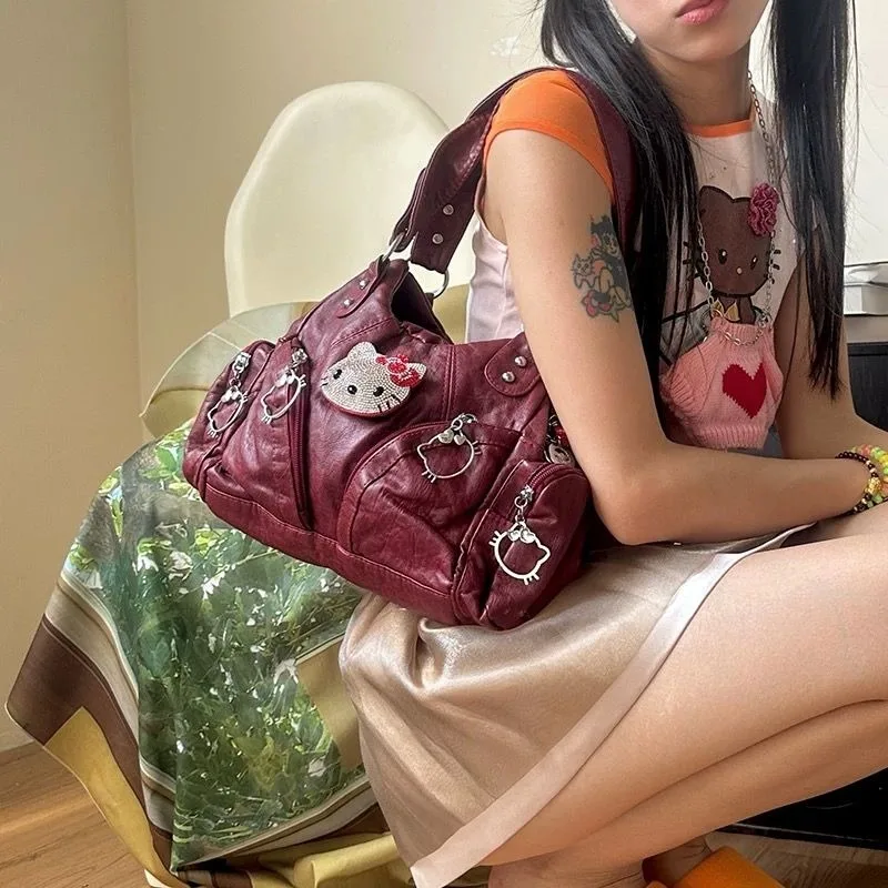 Xiuya Y2k Vintage Shoulder Bag for Women Cute Hello Kitty Luxury Designer Handbag Pu Leather Fashion Original Ladies Armpit Bag