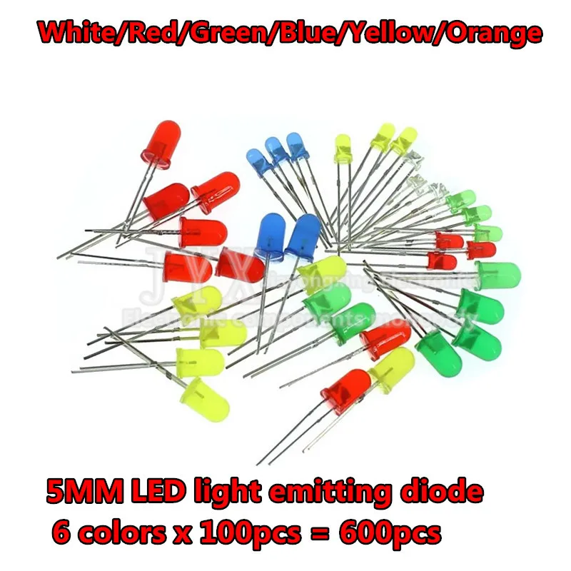 6 colors x 100pcs=600pcs  White Red Green Blue Yellow Orange 5mm LED Diffused Light-Emitting Diode 3V Lamp Assorted Kit Set