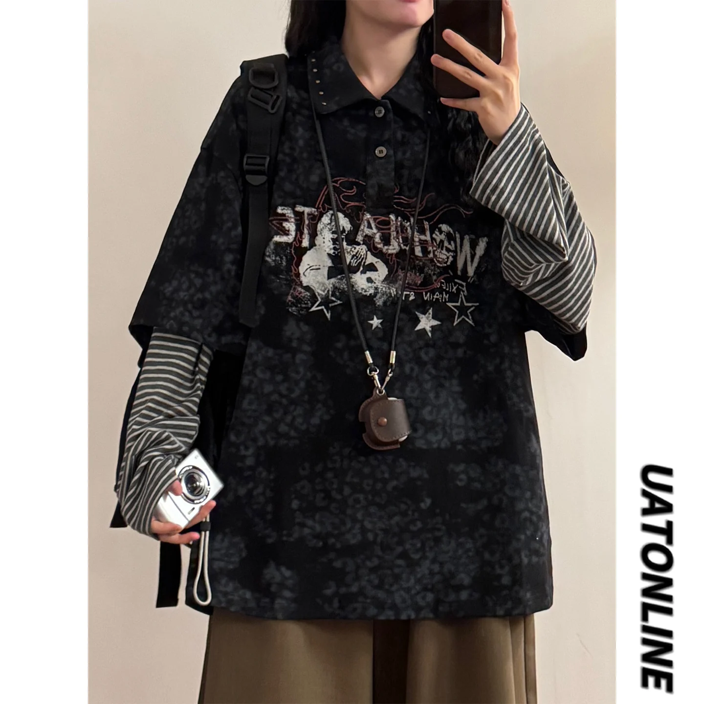 Casual Tie-Dye Patchwork Stripe  Neck Sweatshirt Autumn 2026 Light Weight UATONLINE2026 Creative Pattern Long Sleeve Ladi...
