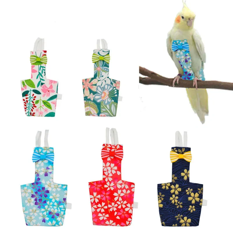 Parrot Diaper with Bowtie Cute Colorful Fruit Floral Cockatiel Pigeons Small Medium Large Pet Birds Flight Suit Clothes Washable