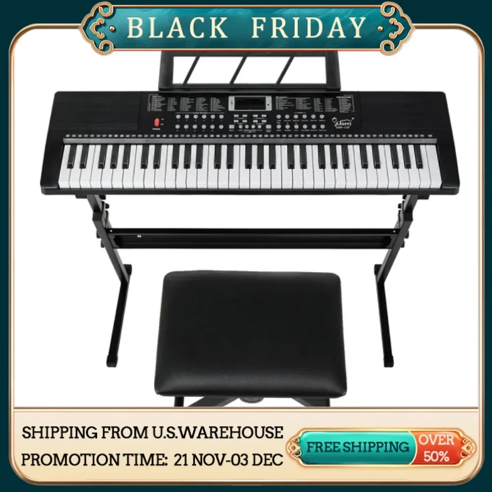 

61 Key Keyboard with Piano Stand Bench Built In Speakers Headphone Microphone Music Rest LED Screen 3 Teaching Modes Piano