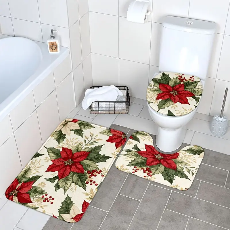 VIKAMA Christmas Bathroom Rug Set Cream Poinsettia Holly Pine Berry Print Washable Absorbent For Bathroom Shower Room Home Decor