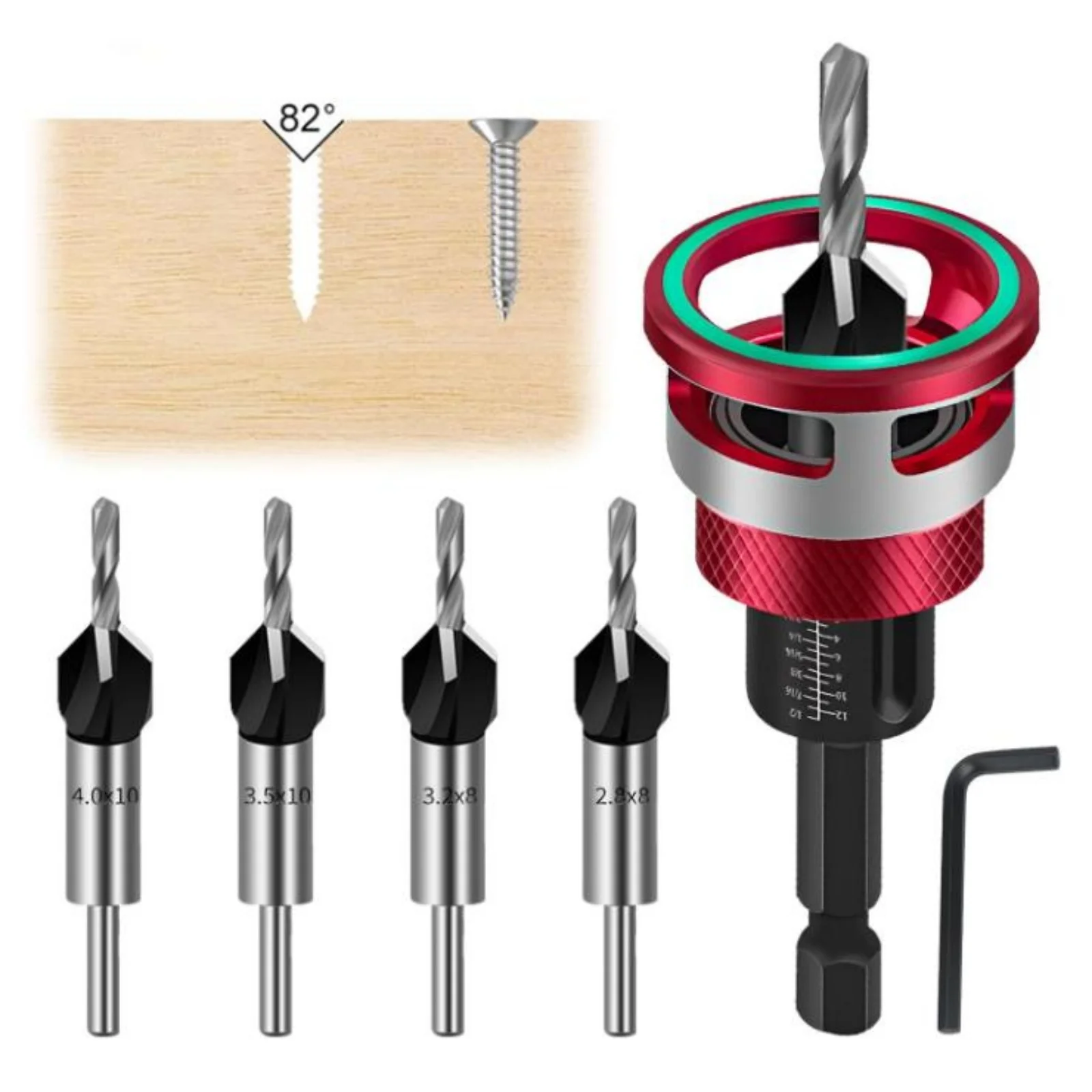 

Adjustable Depth Countersink Drill Bit Set Four Sizes M2 High Speed Steel Pilot Bits for Wood and Non Ferrous Metals