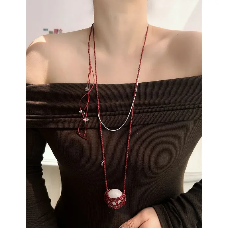 Hand-woven mesh pocket crystal pendant temperament personalized necklace casual niche design woven crystal necklace women