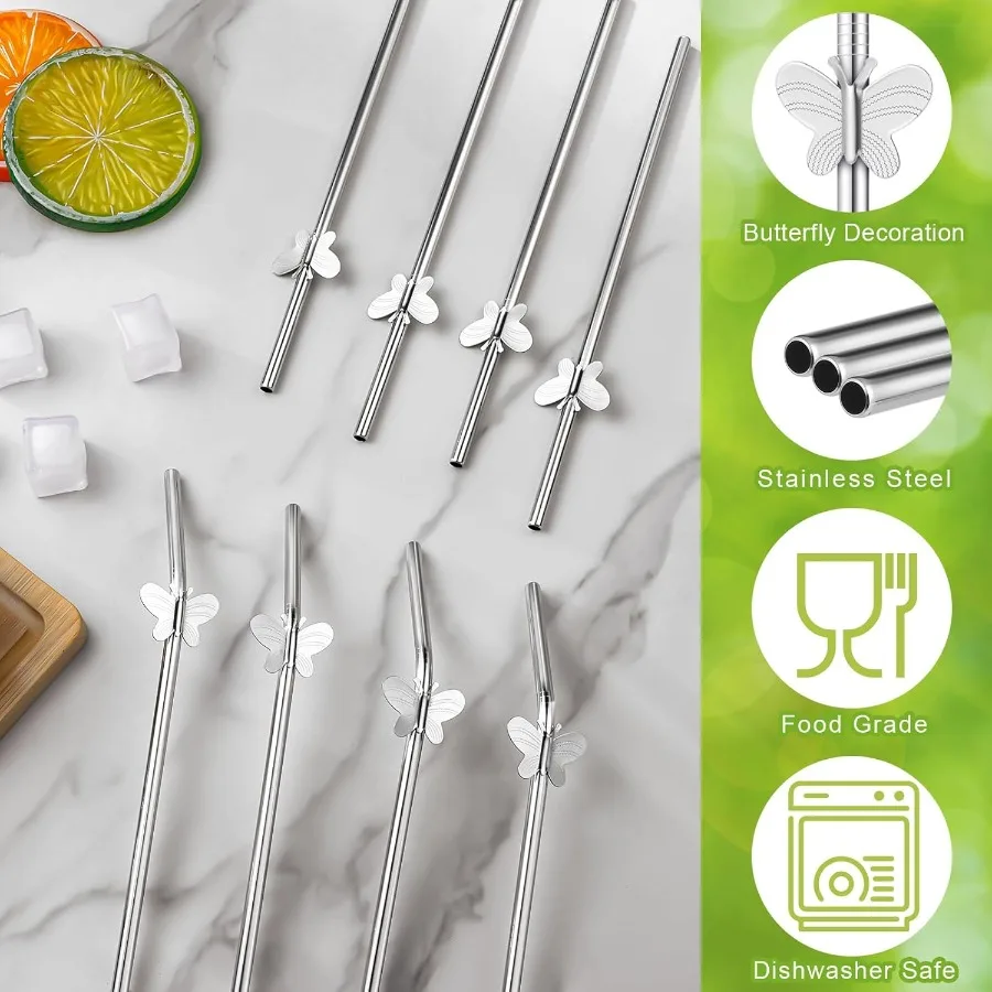 8 упаковок 8-дюймовых многоразовых металлических соломинок из нержавеющей стали, 4 прямых + 4 изогнутых металлических трубочек для питья для напитков с маслом