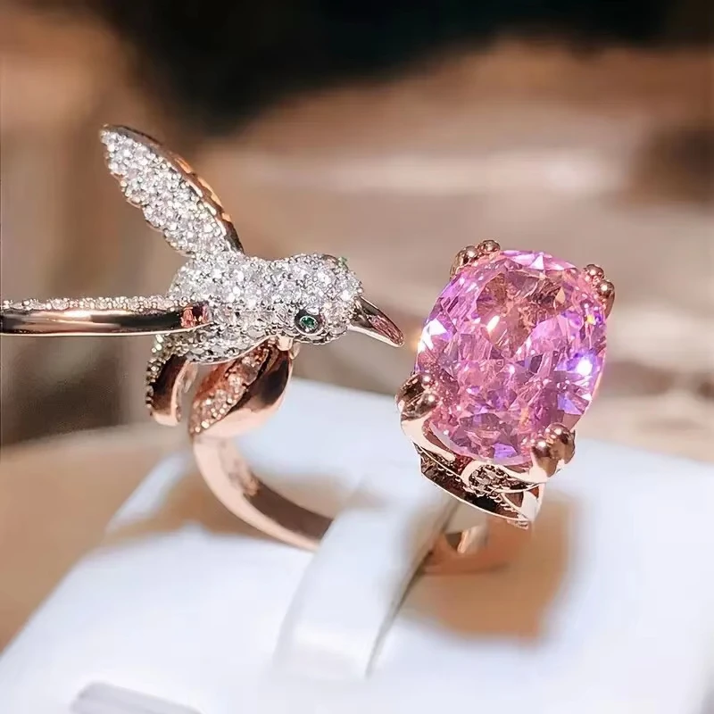 Huajie Full Paved Shining Birds Design Adjustable Rings for Women Dainty Sweet Pink Oval Zirconia Party Ring Dazzling Jewelry