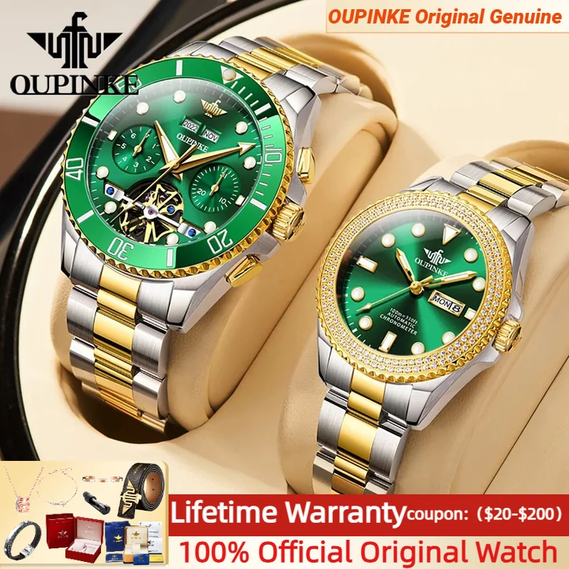 OUPINKE 3229+3205 Couple Watch Pair for Men Women Diving Series Flywheel Design Luxury Imported Movement Lover's Wedding Watches