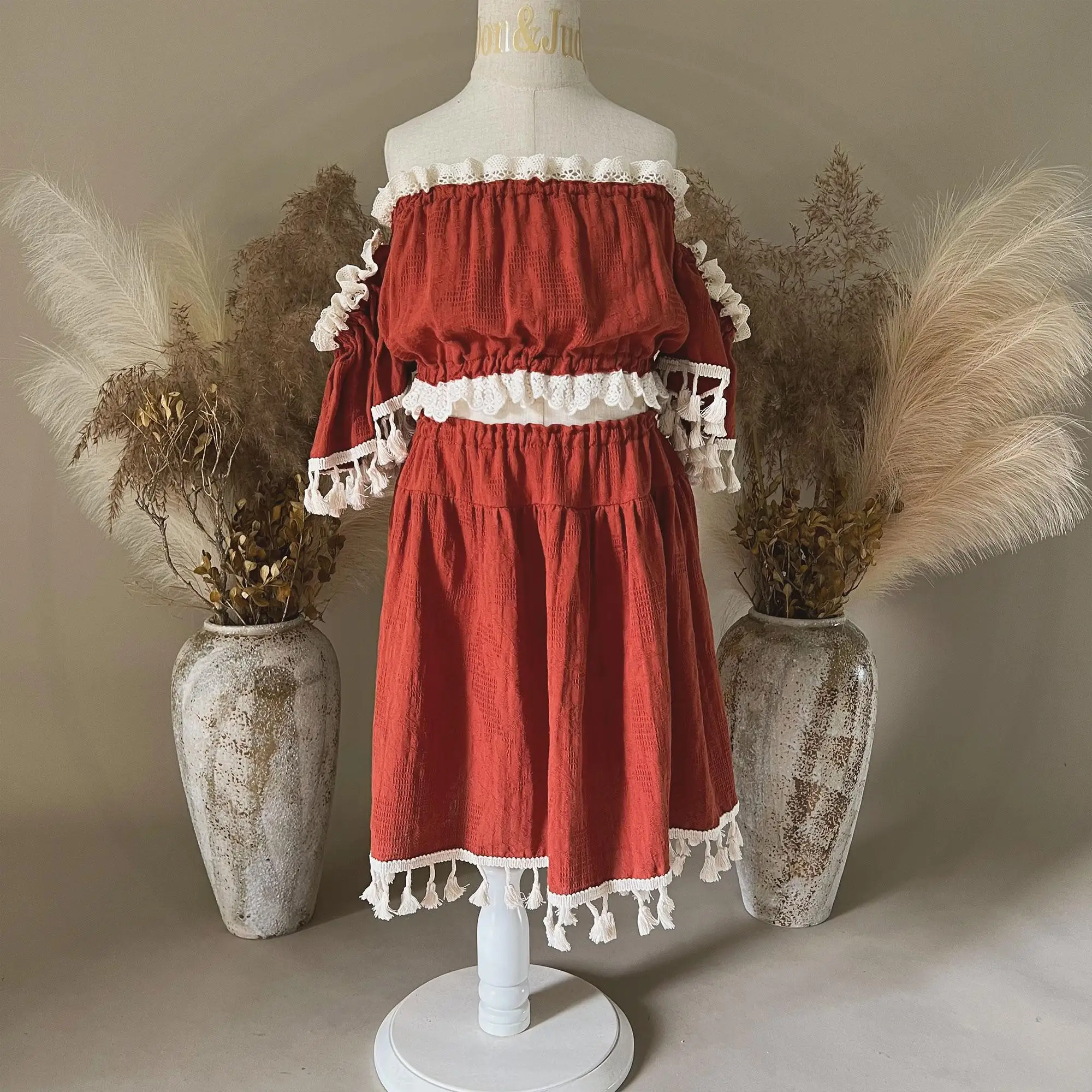 

Don&Judy Boho Style Dress For Girl Two Pieces Set Skirt Cotton Lace Trim Cloth For Girl 3-6 Years Photography Skirt