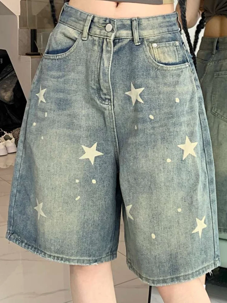 Women High Waist American Retro Washed Wide Leg Jeans Girls Street Do Old Star Loose Denim Pants Female Blue Knee Length Shorts