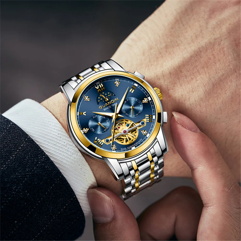 GUANQIN Men's Date Week Moon Phase Mechanical Business Watch Automatic Self-Wind Stainless Steel Wristwatch Sapphire Clock Male