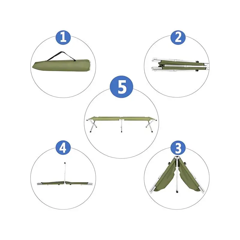 سرير تخييم محمول قابل للطي مع حقيبة حمل، لون أخضر عسكري، سهل الحمل والإعداد، مثالي لحلول النوم في الهواء الطلق
