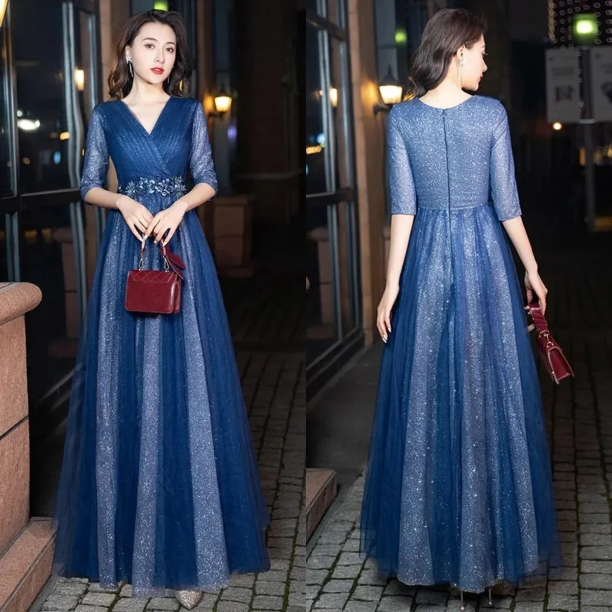 

Evening Dress Blue Bling Floral Appliques Deep V-Neck Half Sleeves A-Line Floor-Length Plus size Woman Formal Party Gowns A2369