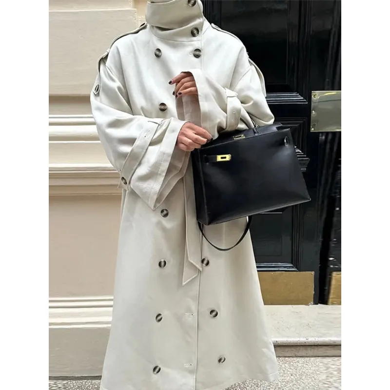 النمط البريطاني لون نقي مزدوج الصدر معطف طويل المرأة الخريف / الشتاء الوافدين الجدد