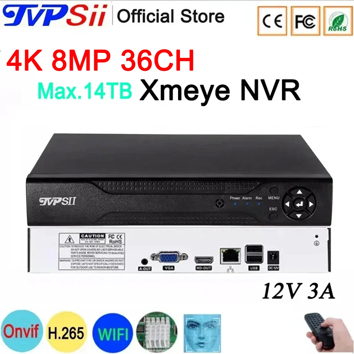 

12V 3A 8mp 4K XMeye Network Surveillance Video Recorder Face Detection Max.14TB H.265+ 16CH 36CH 36 Channel Audio Onvif CCTV NVR