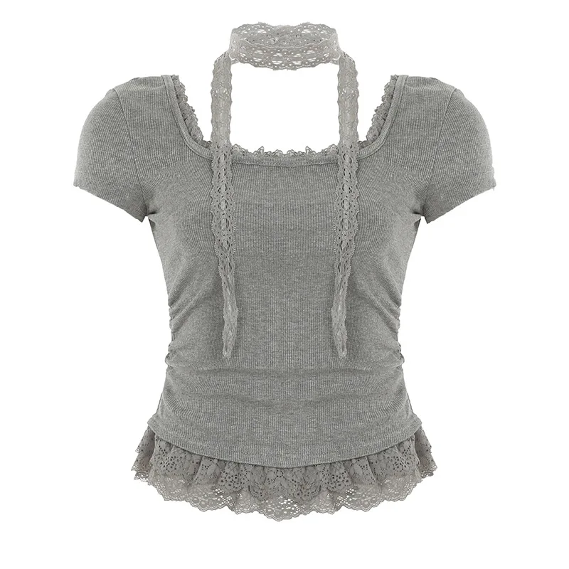 Chic Simple Lace Spliced Causal T-shirt For Women Solid Color Sexy Shirring Short Tee With Ribbon Summer Grey O-neck Tops Blouse