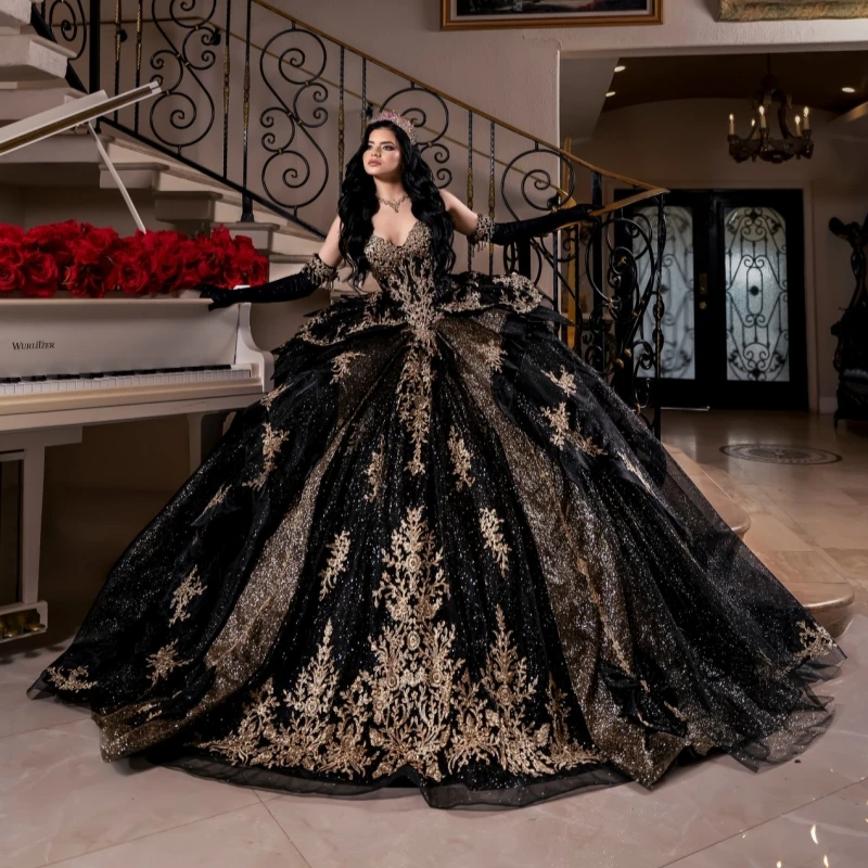 Black Glitter Quinceanera Dresses Off Shoulder Ball Gown Sweet 16 Dress Applique lace Beading Crystal Tull Corset Birthday Vesti