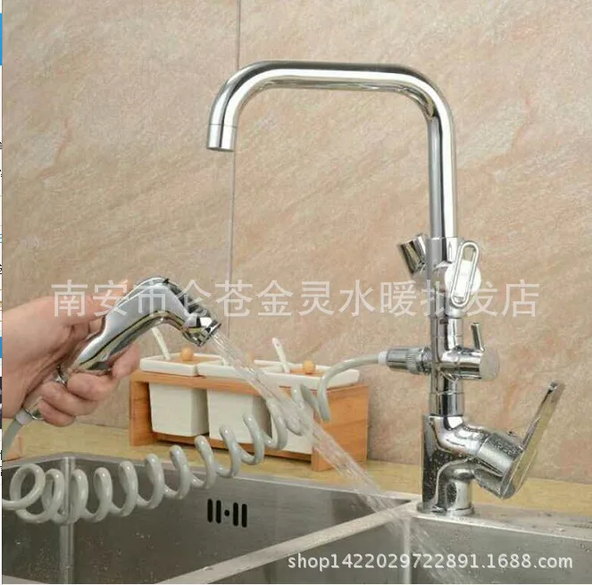 Multifunctional copper kitchen faucet hot and cold vegetable basin sink faucet single cold water spray gun pull stretch