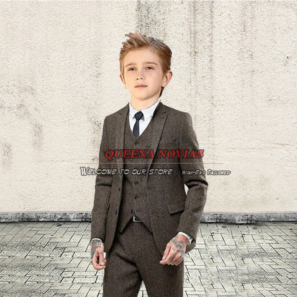 Brown Herringbone Kid Child Suits For Wedding 2 Pieces Jacket Pant Boys' Attire Formal Wear Birthday Blazer Tailor-Made Clothing