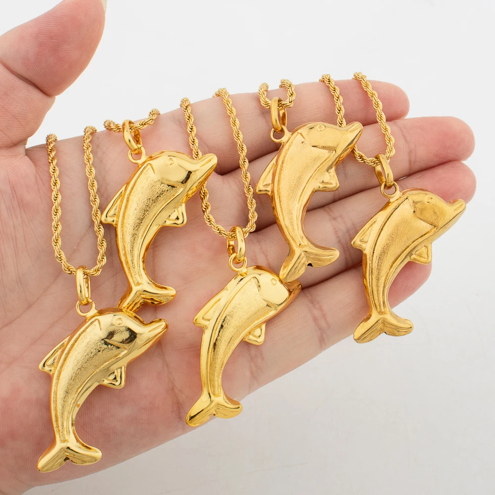 

Jumping Dolphins Pendant with 40cm Necklace Gold Color Animal Shaped Charm Chains Jewelry Accessories Christmas Birthday Present