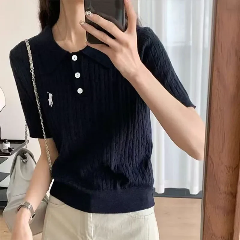 

Women's Clothing Korean Version Pony Embroidery Knit Shirts Summer Slim Polo Collar T-shirt Lady Casual Short Sleeve Button Tops