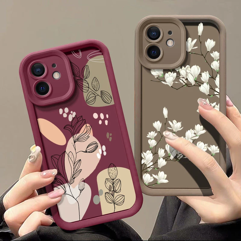 White Magnolia Pattern Phone Case For iPhone 16 15 14 Pro Max 15 16 Plus 12 13 Pro 11 Candy Color Shockproof Soft Silicone Cover