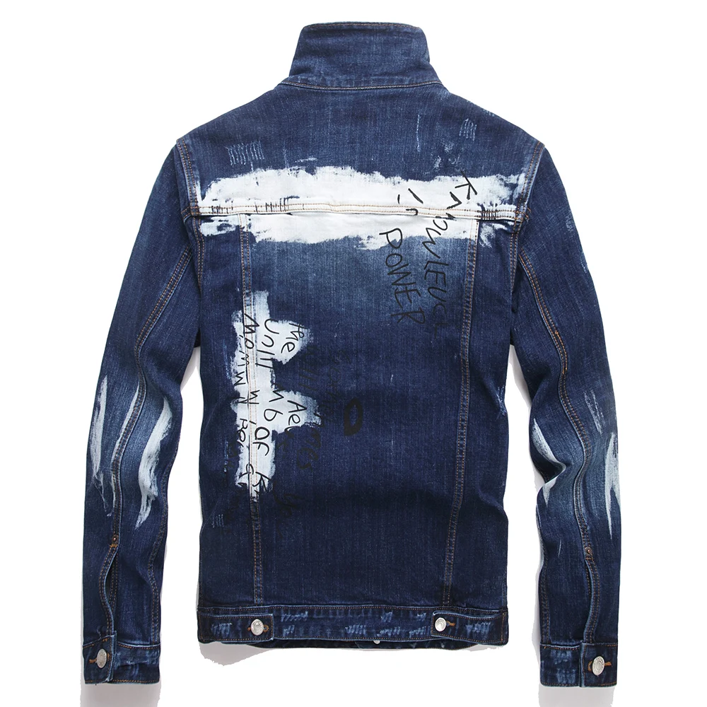 Men Graffiti Denim Jacket Casual Letters Printed Stretch Blue Jean Coat Slim Fit Lapel Collar Long Sleeve Outerwear