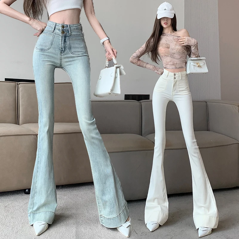 

Slim Fit High Waist Blue Jeans Spring Autumn Sle Wide Leg Long Pants Elastic Waist Casual Straight Leg Trousers
