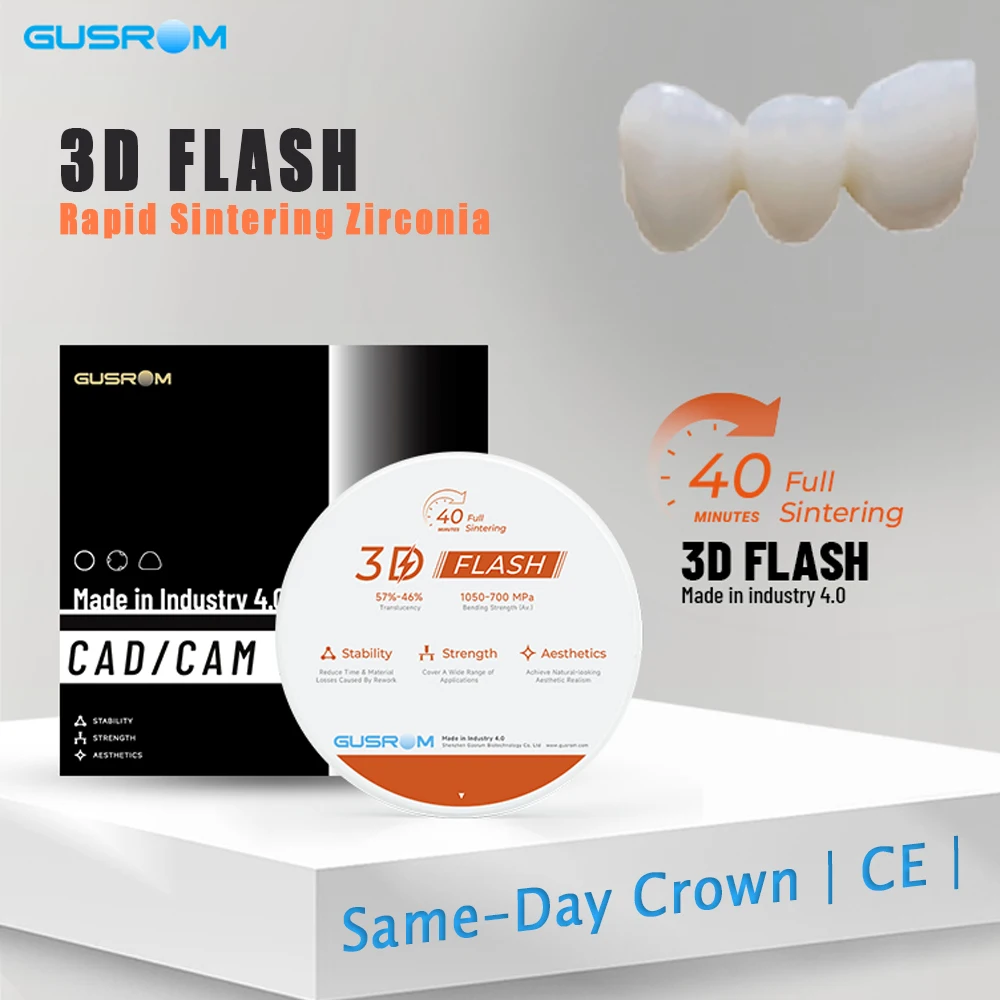 

GUSROM 3D FLASH Multilayer Zirconia Block 98mm 40-Min Rapid Sintering 6 Layers CAD CAM Dental Disc for Same-Day Crown Bridge