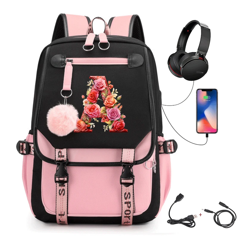 

Pink schoolbag with printed letters A-Z, a fashionable backpack suitable for junior and senior high school girls and teenagers